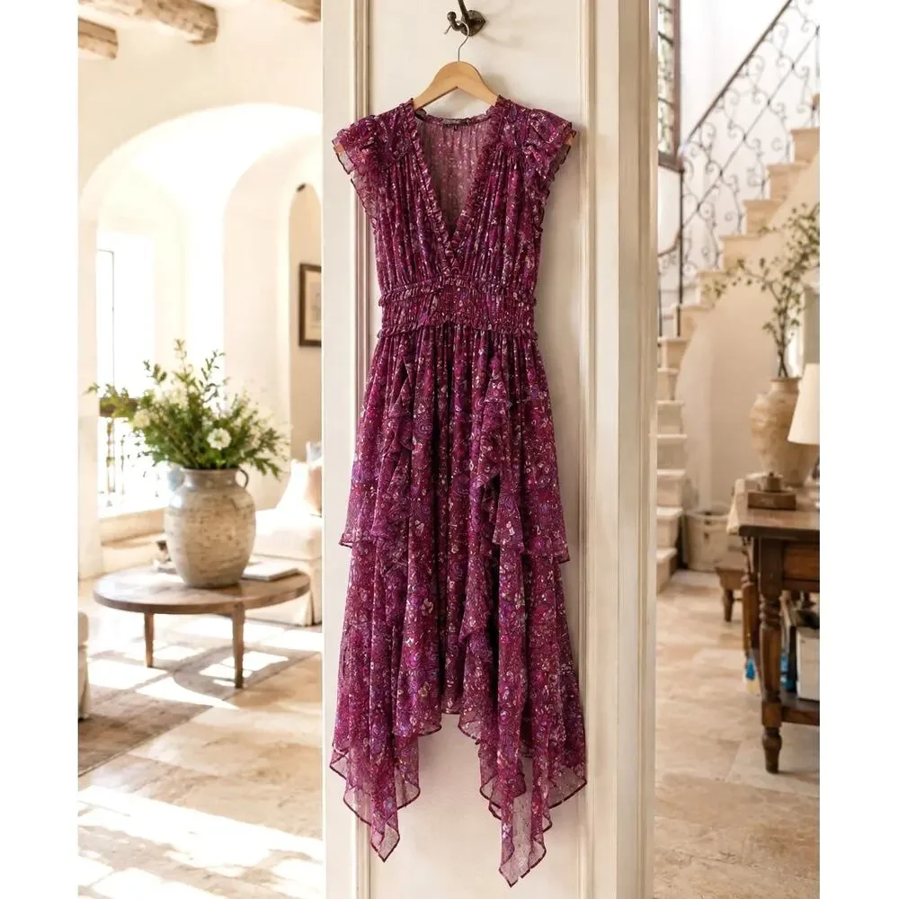 ulla asym midi dress Ulla Johnson 0 Ressie 100% Silk Midi Dress $675 Asymmetric Scarf Hem Sumac  NWT boatswainllc.com